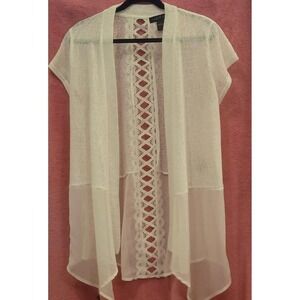 August Silk Women's Short Sleeve Relaxed Fit White Duster with Sheer Ruffle